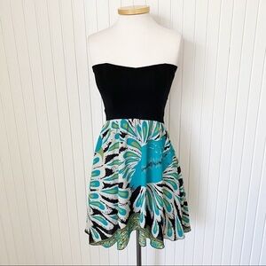 Tricia Fix Black Teal Peacock Strapless Sundress Size Small
